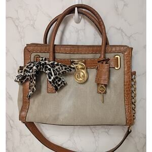 MICHAEL KORS Hamilton Natural Canvas Leather Croc Crossbody Bag